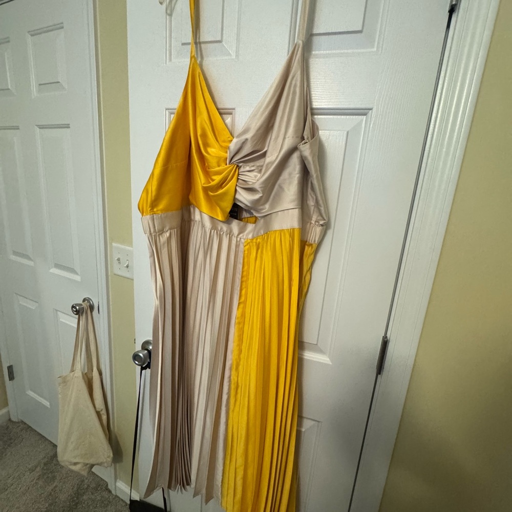 Eloquii Yellow Tan Asymmetrical Halter Sundress